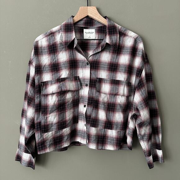 Abercrombie & Fitch 90s Cropped Flannel White Gray Pink Size S - Picture 2 of 4